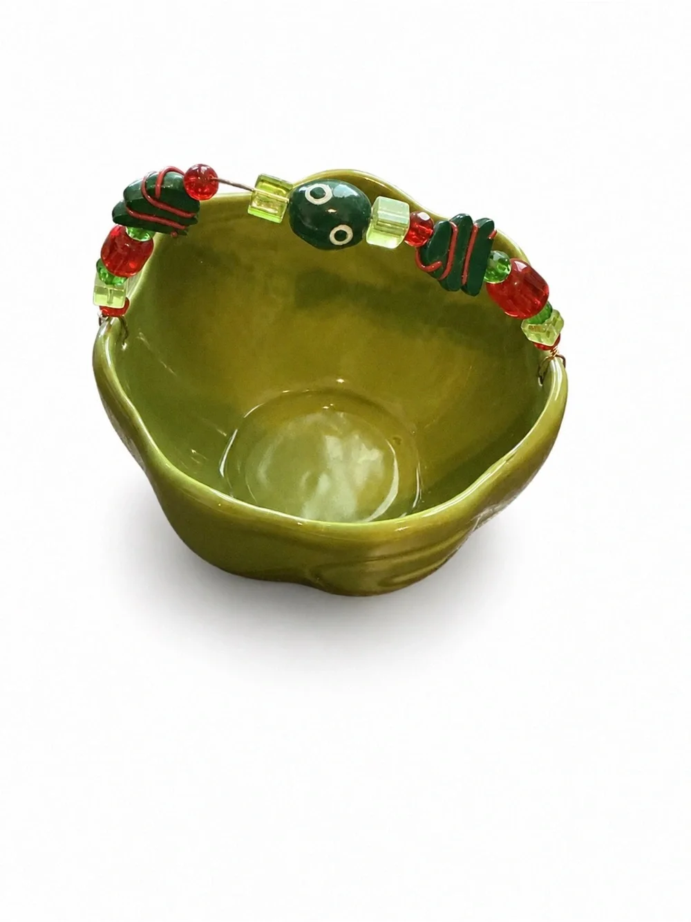 Bella Casa by GANZ Green Ceramic Bowl with Red and Lime Beaded Handle-Candy Dish
